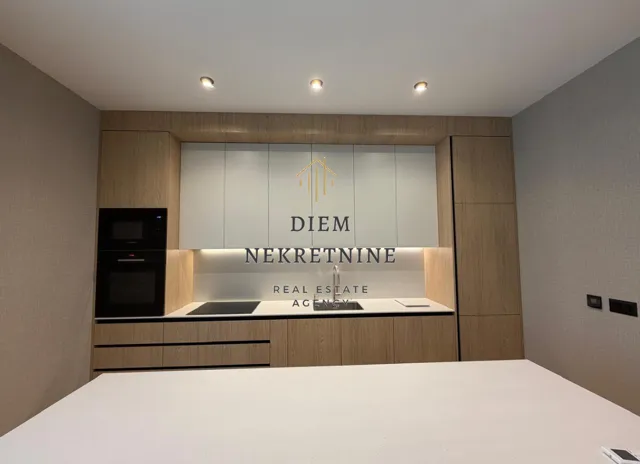 Moderna kuhinja sa drvenim elementima i ugrađenim aparatima.