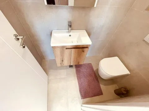 Pogled odozgo na moderno opremljeno kupatilo sa umivaonikom i toaletom. - image 18