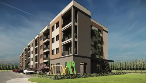 Spoljni izgled moderne stambene zgrade sa uređenim dvorištem i igralištem. - image 7