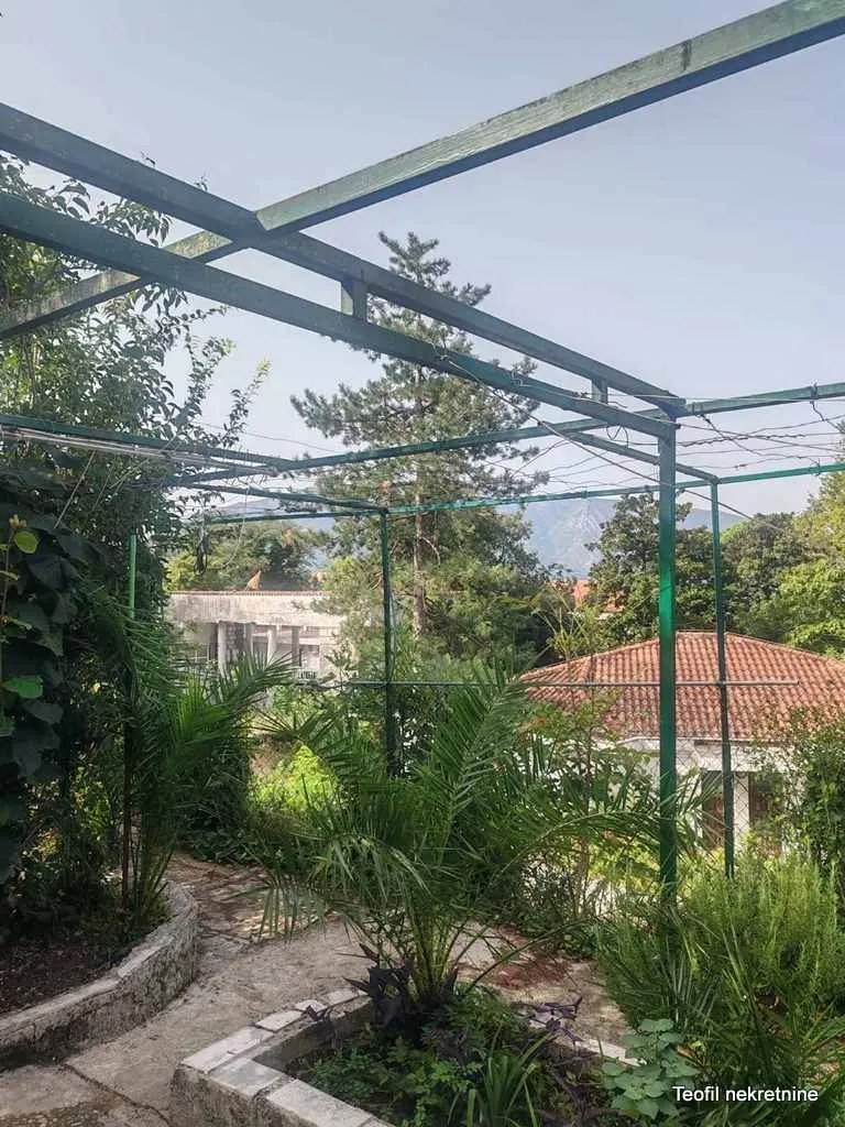 Zeleno dvorište sa metalnom konstrukcijom i okolnim rastinjem.