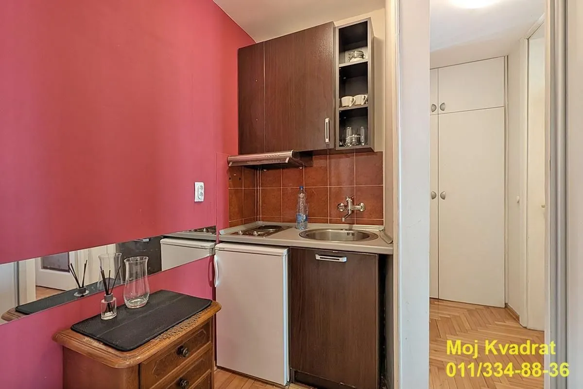 Manja čajna kuhinja sa sudoperom, frižiderom i gornjim elementima.