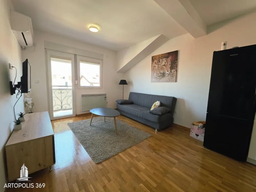 Living room with sofa, TV, and access to the balcony.