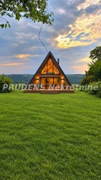 Pogled na drvenu kuću u obliku slova A sa uređenim travnjakom. - image 7