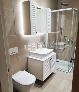 Modernly equipped bathroom with a shower cabin, washbasin, and built-in sanitary ware. - image 8