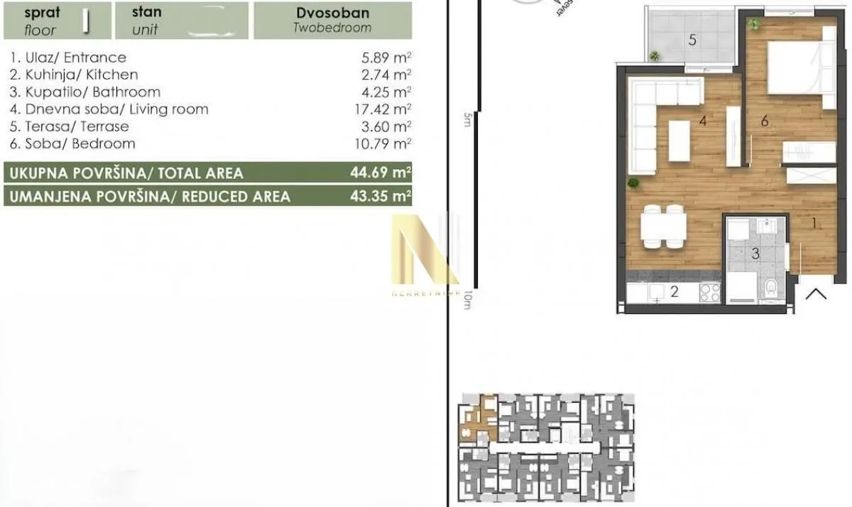 Sale, two bedroom apartment, 44m², Telep, Novi Sad Sve Podlokacije