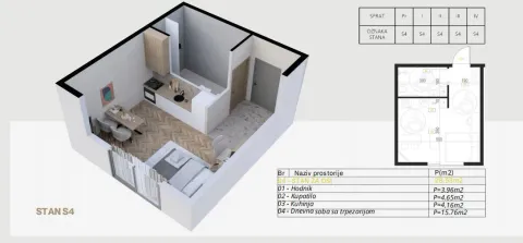 Tlocrt i 3D prikaz jednosobnog stana sa rasporedom prostorija. - image 21
