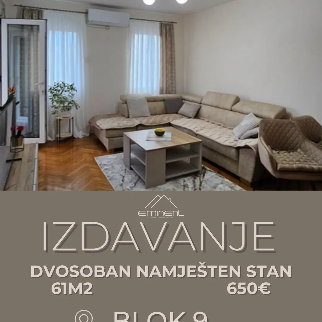 Izdavanje, dvosoban stan, 62m², Blok 9, Podgorica