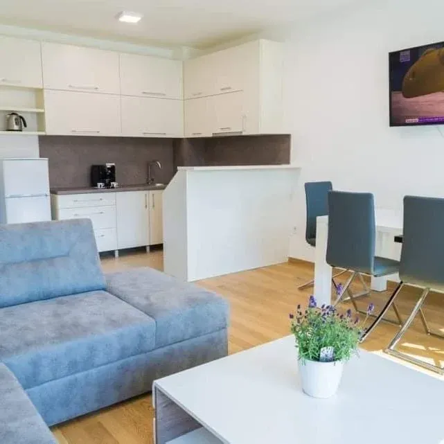 Living room with kitchen and dining area in bright tones.