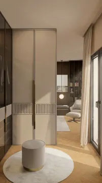 Moderna spavaća soba sa ugradnim ormarom i okruglim tabureom. - image 10