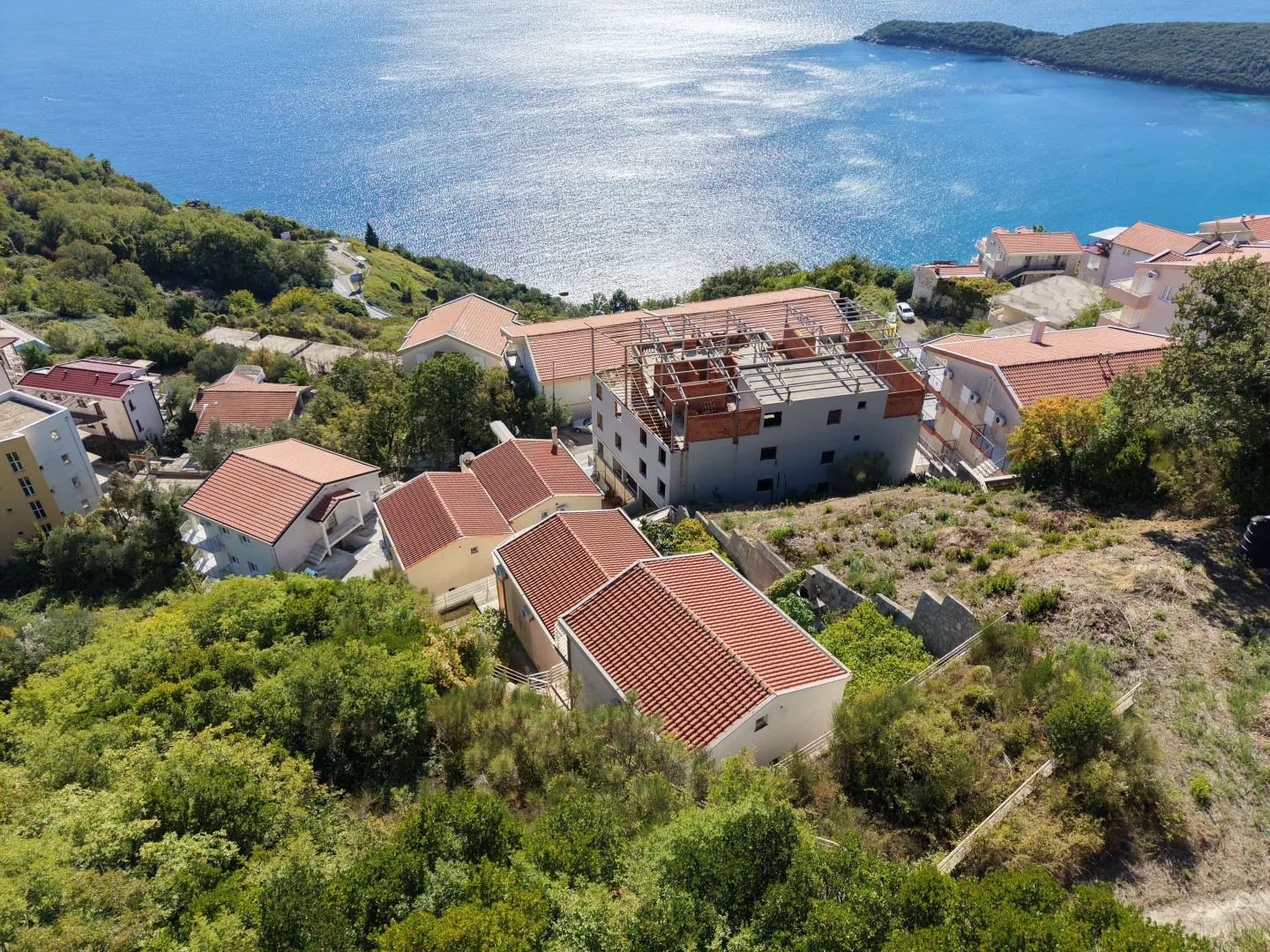 Aerial view of the settlement and the sea coast.