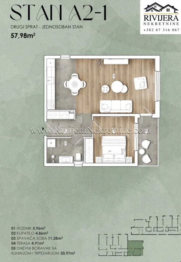 Prodaja, jednosoban stan, 58m², Radanovići, Kotor