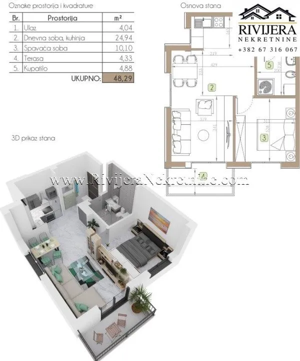 Prodaja, jednosoban stan, 48m², Dobrota, Kotor