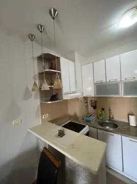 Mala funkcionalna kuhinja sa bijelim elementima i šankom. - image 3