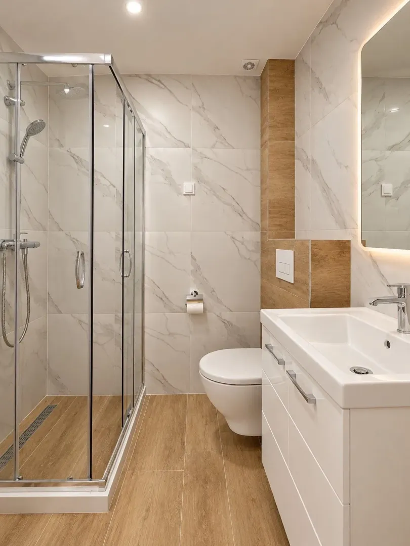 Savremeno opremljeno kupatilo sa tuš kabinom, umivaonikom i WC šoljom.