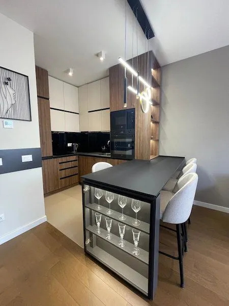 Modern kitchen with a bar counter and built-in appliances.