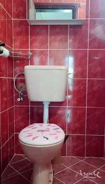 Kupatilo sa wc šoljom i crvenim zidnim pločicama. - image 3