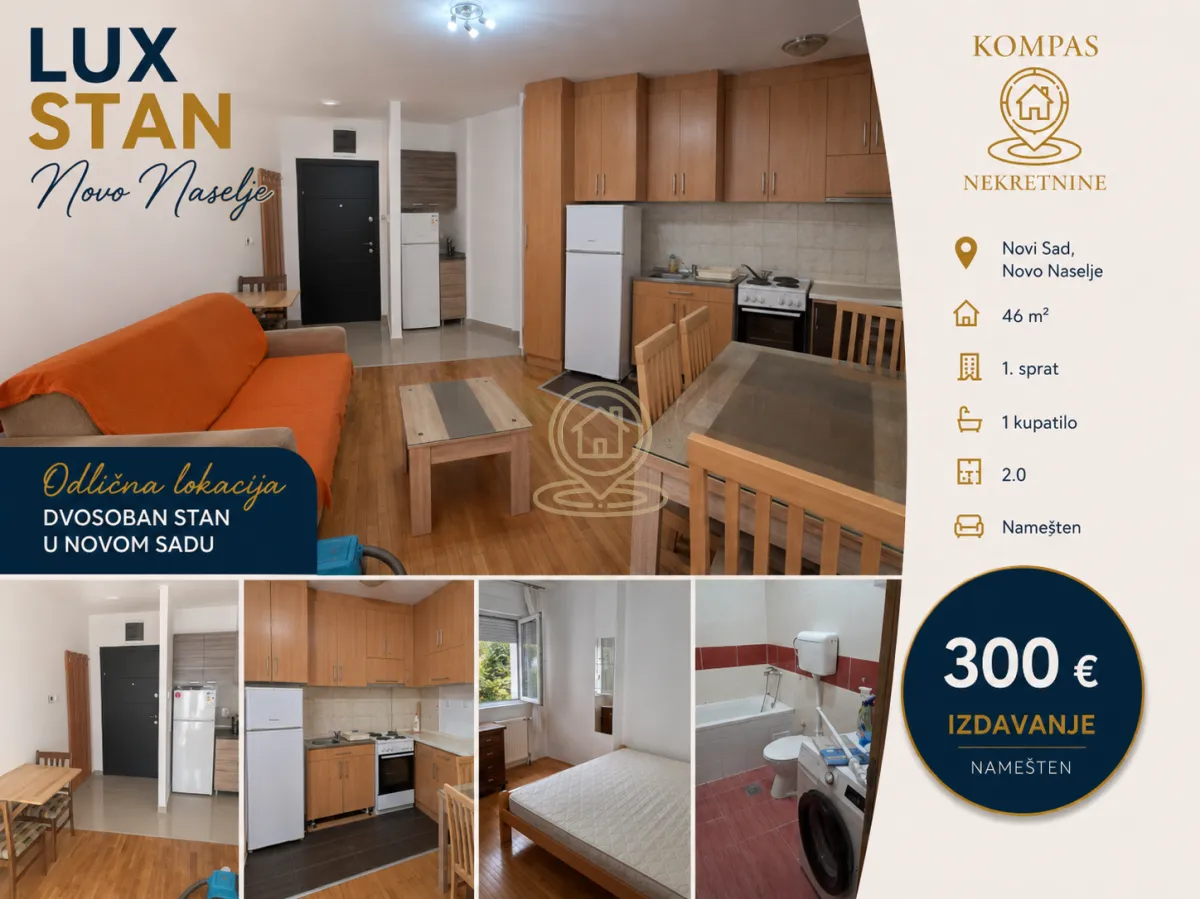 Izdavanje, dvosoban stan, 46m², Novo naselje, Novi Sad