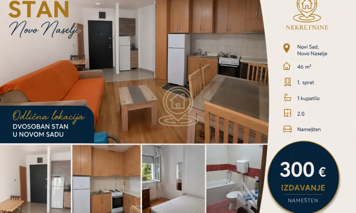 Rent, two bedroom apartment, 46m², Novo naselje, Novi Sad