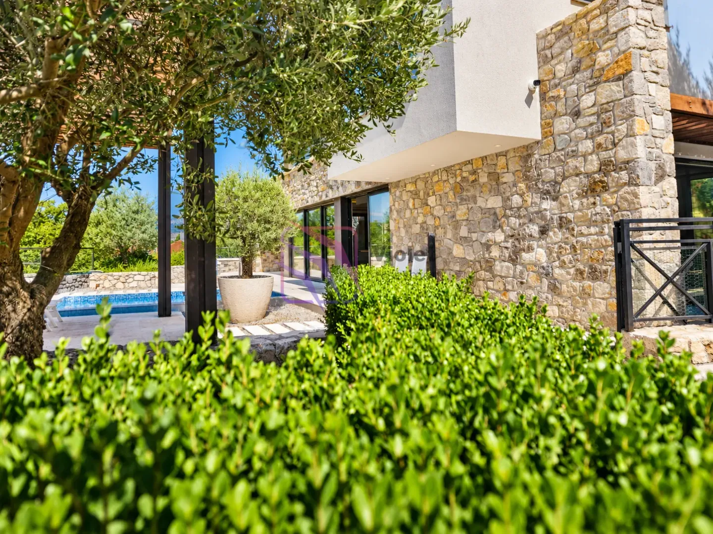 View of the yard and house facade with a swimming pool and greenery.