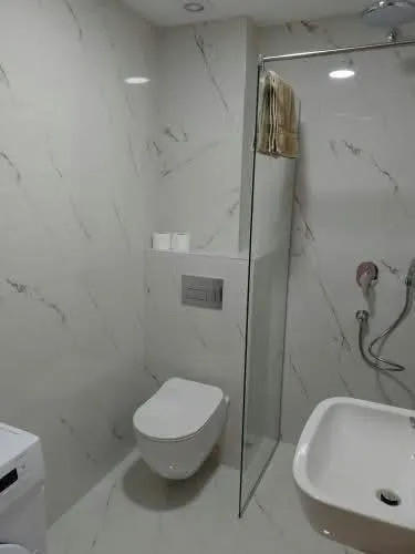 Modern bathroom equipped with sanitary ware and a walk-in shower.