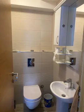 Manje kupatilo sa umivaonikom, šoljom i visećim ormarićem sa ogledalom. - image 9