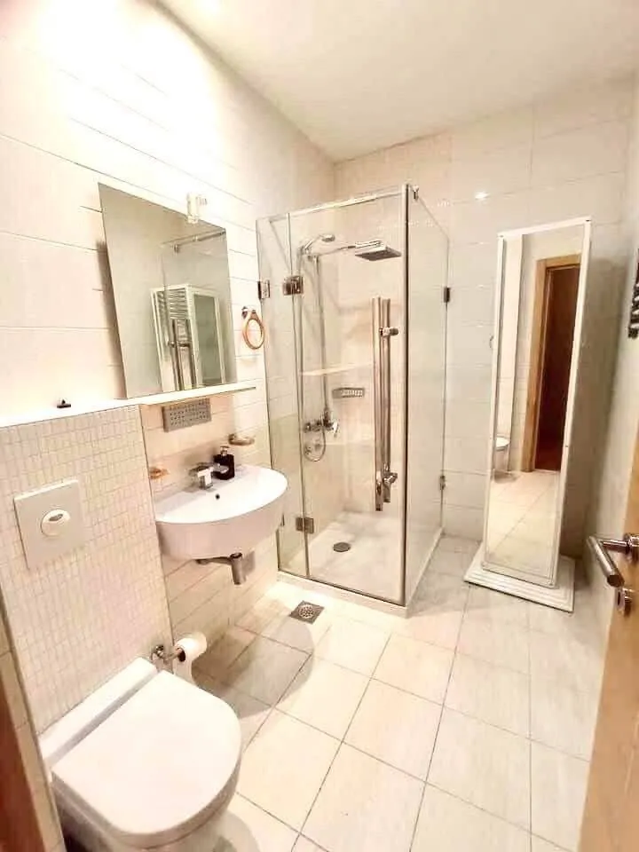 Moderne kupatilo sa tuš kabinom, umivaonikom i wc šoljom.