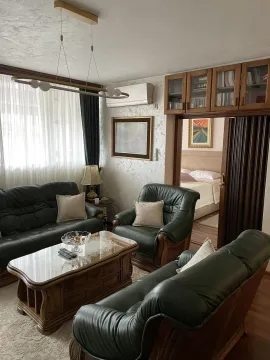 Living room with leather sofas and a view into the bedroom. - image 3