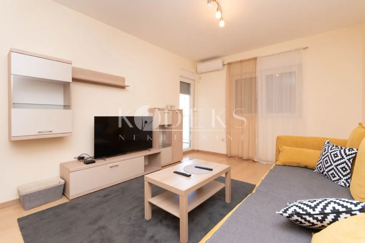 Living room with sofa, television, and coffee table.