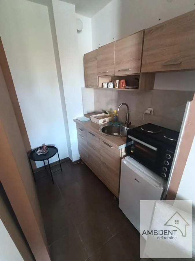 Manja čajna kuhinja sa elementima od drveta, sudoperom i mini šporetom.
