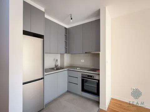 Small modern kitchen with grey cabinetry and built-in appliances. - image 4