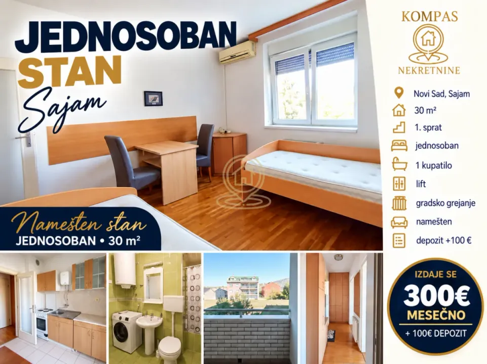 Izdavanje, jednosoban stan, 30m², Sajmište, Novi Sad