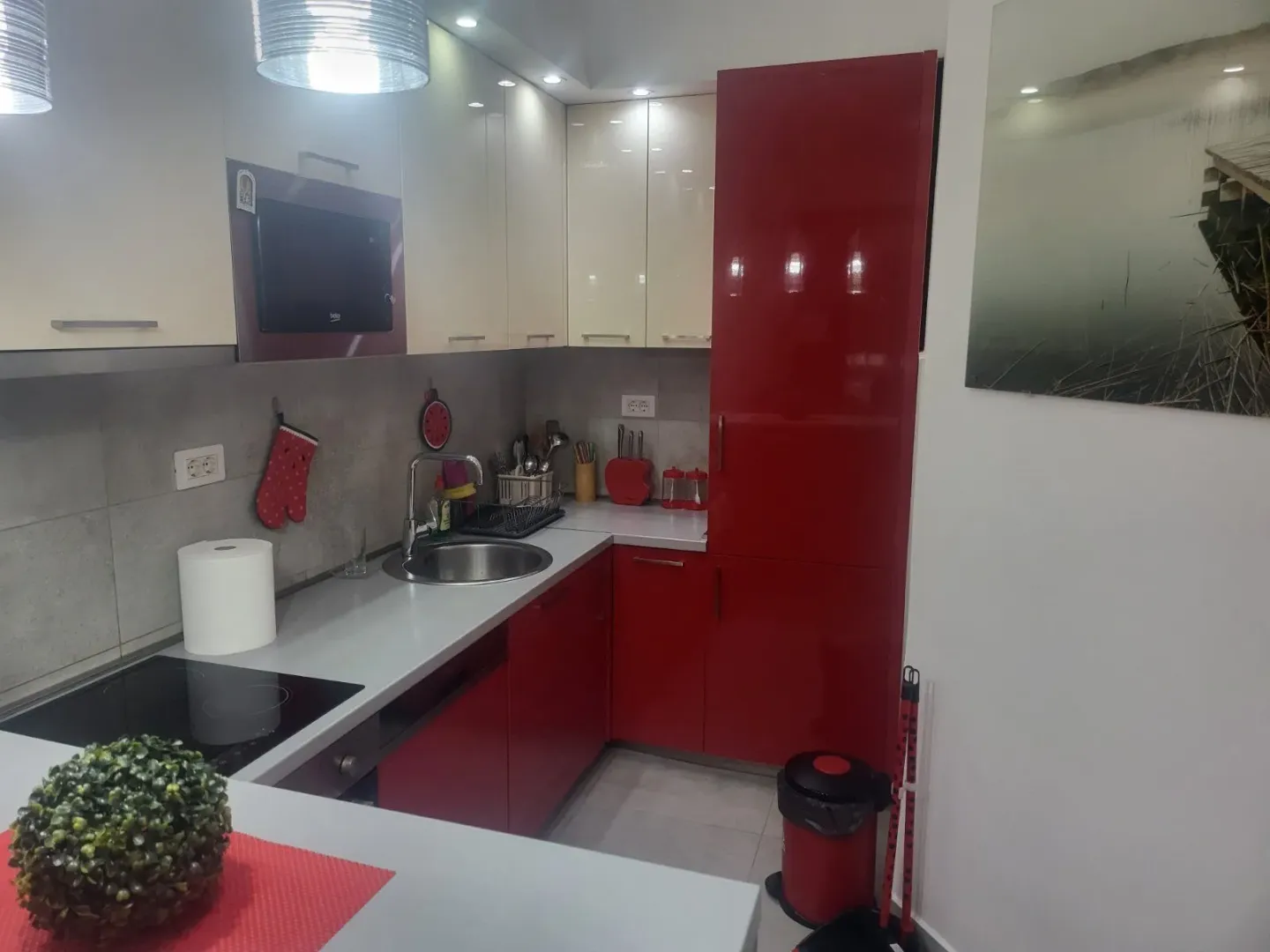 Modern kitchen featuring a combination of red and white cabinets with built-in appliances.