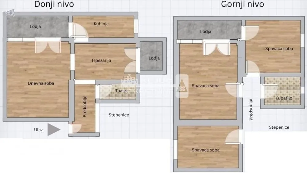 The floor plan shows the room layout on the lower and upper levels of the property.