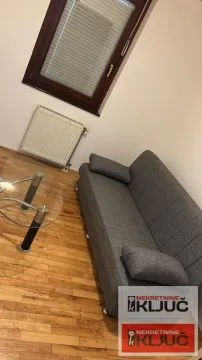 Manji dnevni boravak sa sivim kaučem, staklenim stočićem i prozorom. - image 4