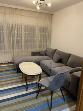 Dnevna soba sa sivom ugaonom garniturom, klub stolom i prugastim tepihom. - image 3
