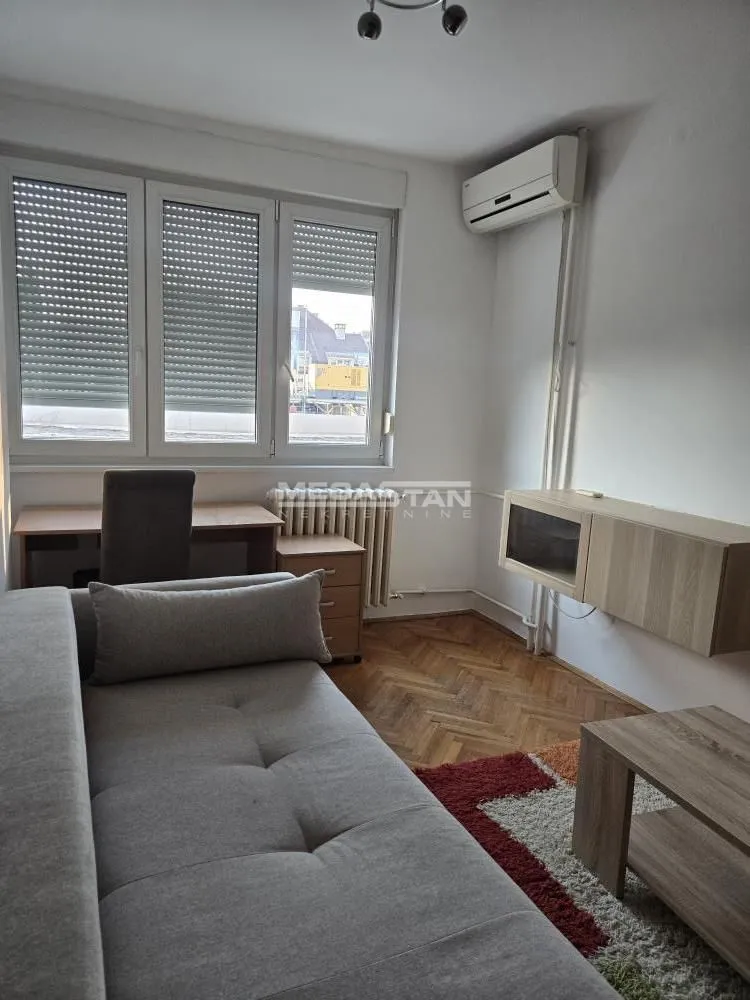 Living room with a sofa, desk, and parquet flooring.
