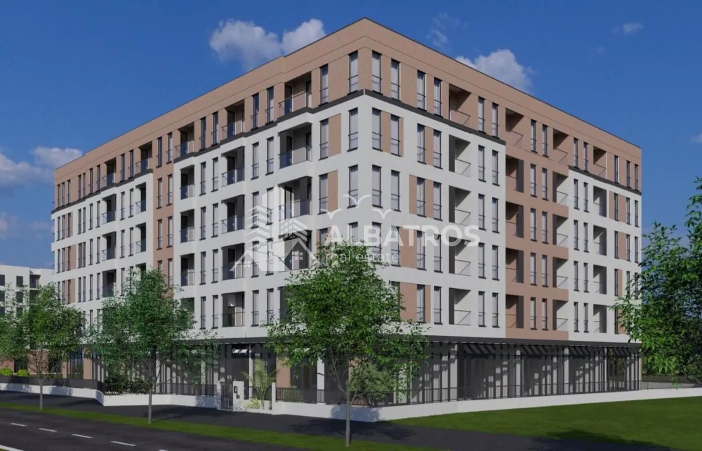Spoljašnji izgled moderne stambene zgrade sa terasama i uređenim okruženjem.