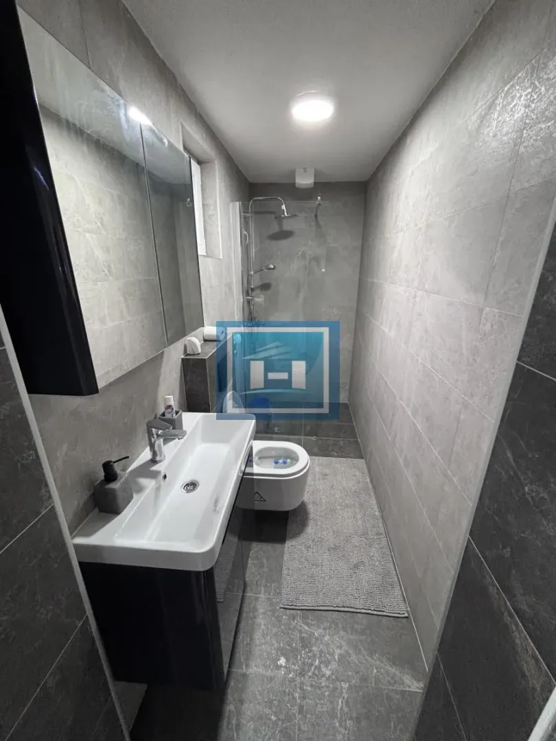 Savremeno opremljeno kupatilo sa umivaonikom, tuš kabinom i wc šoljom.