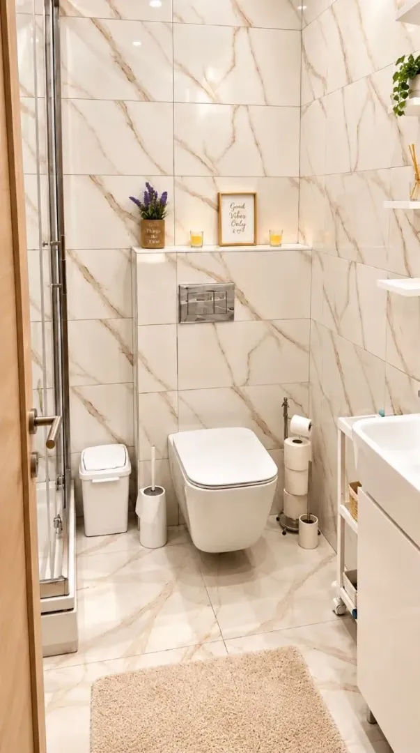 Modernly equipped bathroom with a walk-in shower and a wall-hung toilet.