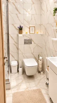 Modernly equipped bathroom with a walk-in shower and a wall-hung toilet. - image 4