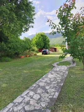 Dvorište sa kamenom stazom, drvećem i pogledom na brda. - image 3