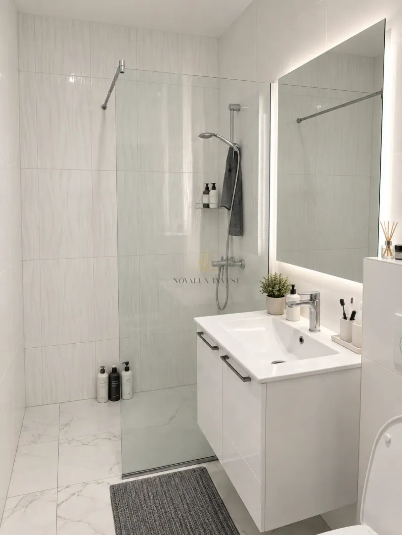 Modernly equipped bathroom with a walk-in shower and washbasin.