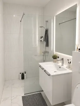 Modernly equipped bathroom with a walk-in shower and washbasin. - image 10