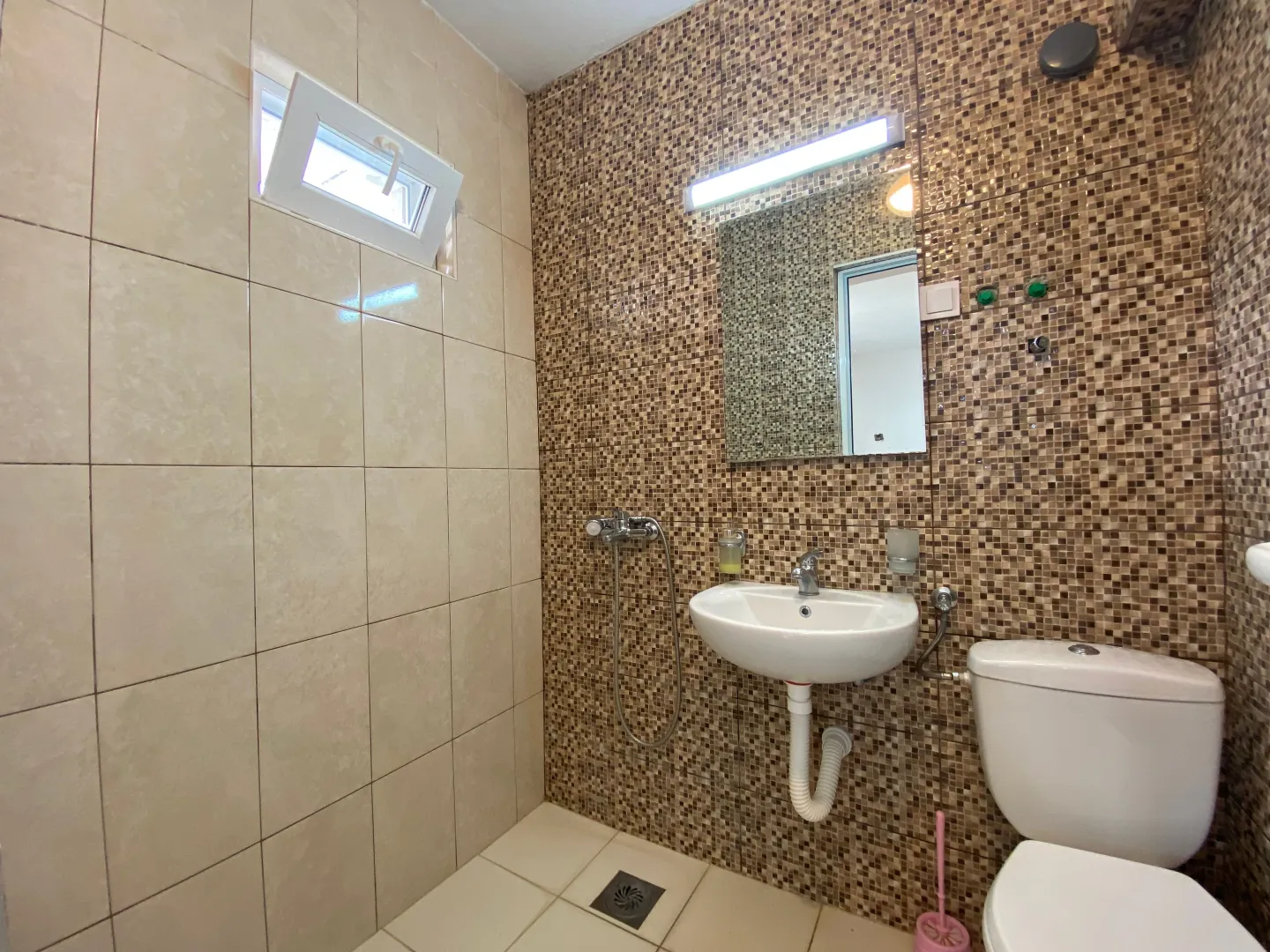 Bathroom with a washbasin, mirror, toilet, and shower area.