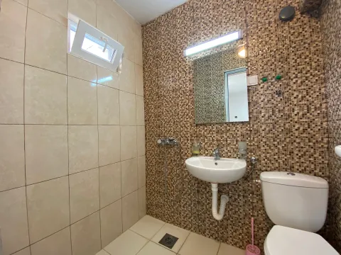 Bathroom with a washbasin, mirror, toilet, and shower area. - image 6