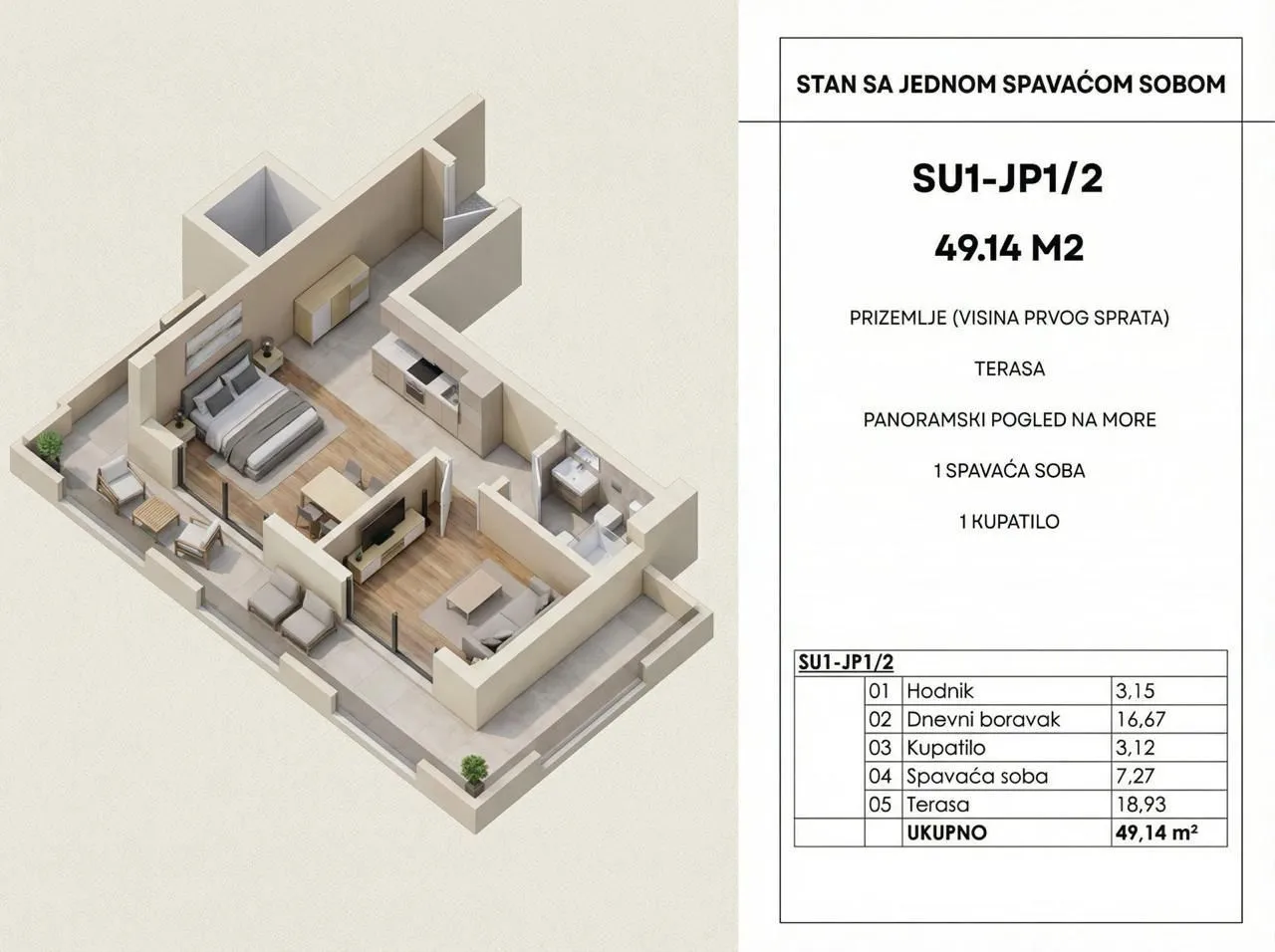 Sale, one bedroom apartment, 49m², Budva, Crna Gora