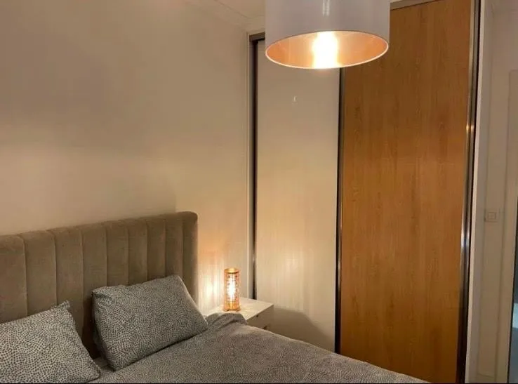 Furnished bedroom with a double bed and a built-in wardrobe.