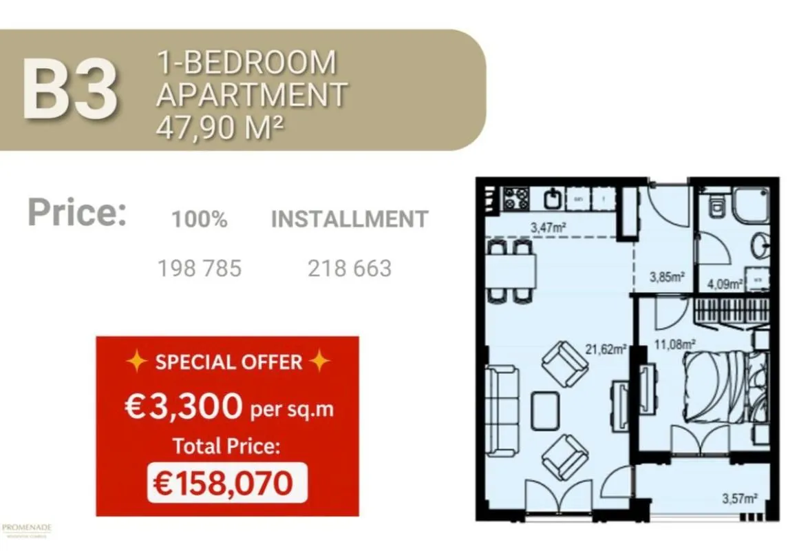 Sale, one bedroom apartment, 48m², Bečići, Budva