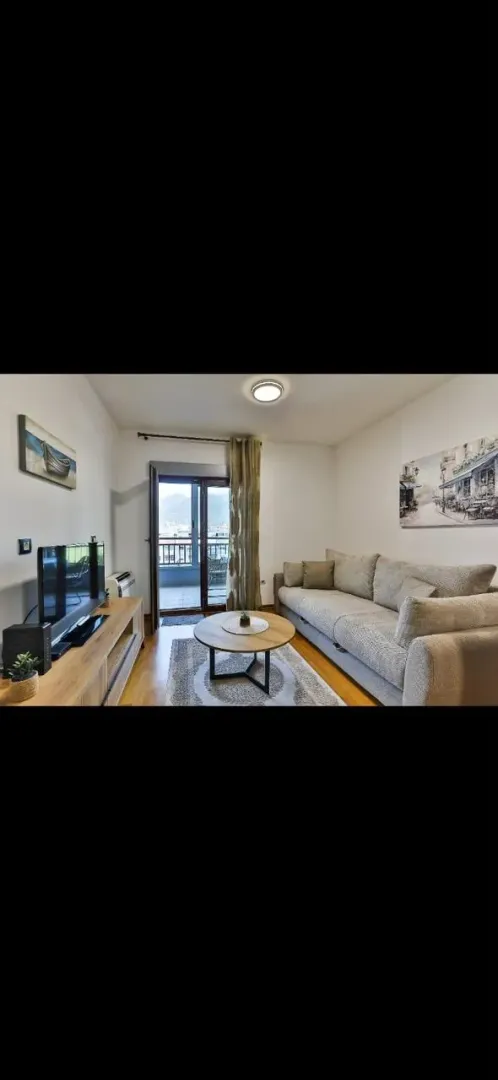 Living room with sofa, TV cabinet, and balcony access.