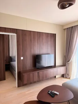 Living room with a wooden wall panel, television, and a view into the bedroom. - image 16